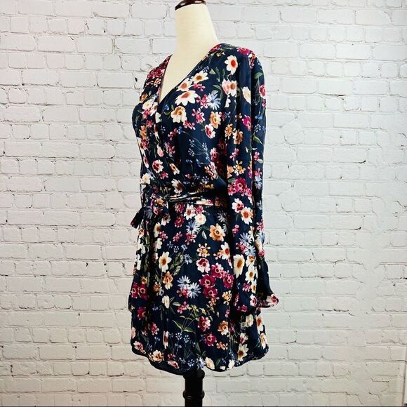 Parker Silk Blend Navy Floral Long Trumpet Sleeve Waist Tie Dress - Picture 2 of 11